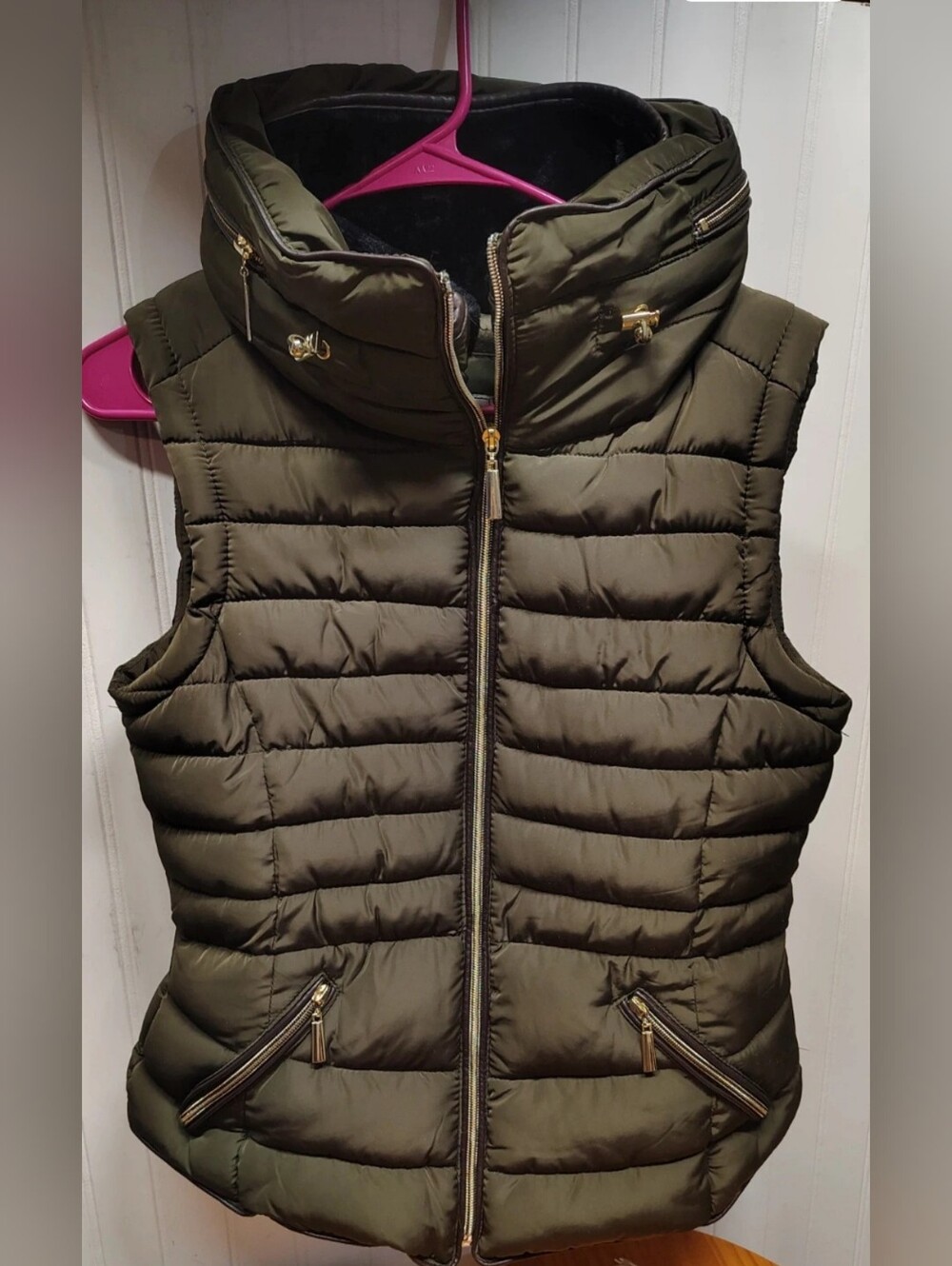 YMI Olive Green Quilted Puffer Vest with High Collar & Gold Tone Zipper
